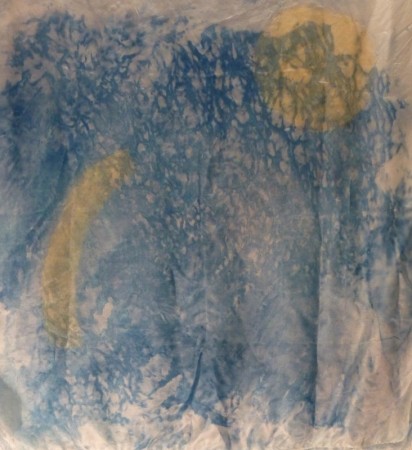 Blue print of a rainshower with gold leaf on silk £245